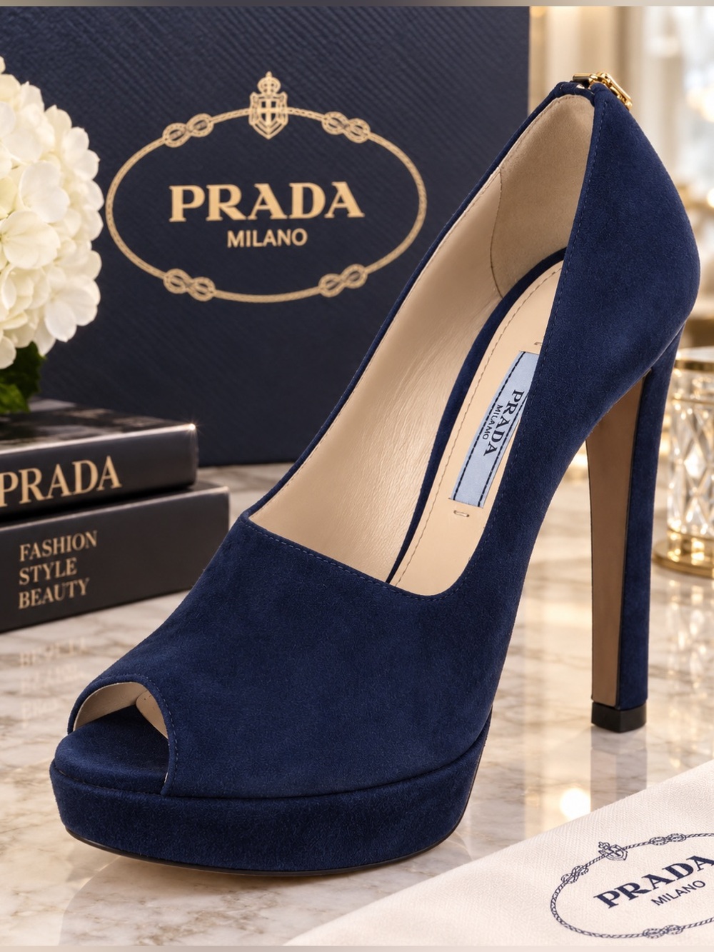 Prada Navy Suede Peep-Toe Platform Heel